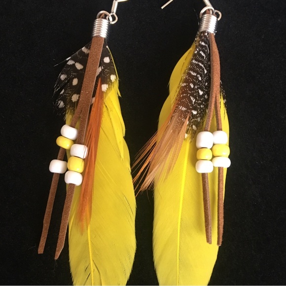Yellow Feather Native Style Earrings - Picture 2 of 8